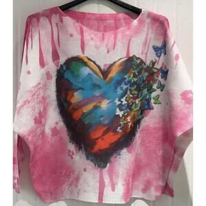 NEW LOOWIE women's coheap heart round knit printed sweater in multi